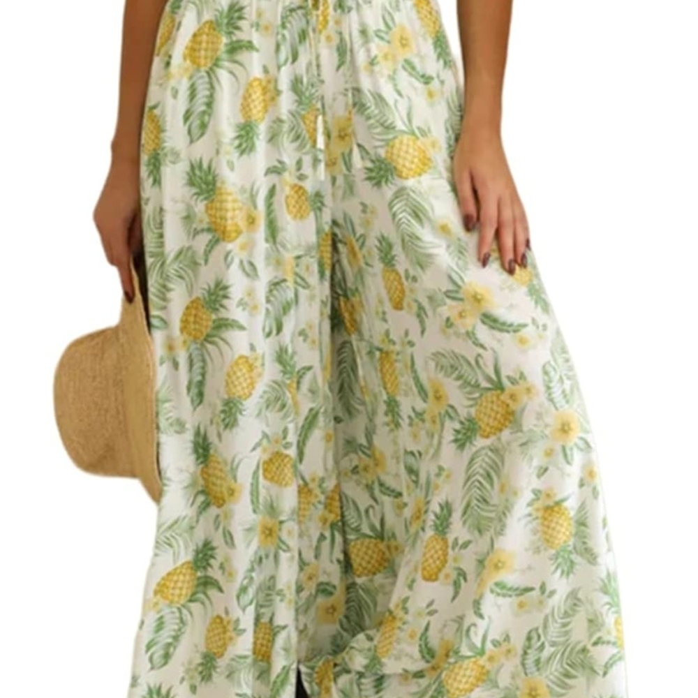 Tropical Pineapple Print Wide-Leg Pants